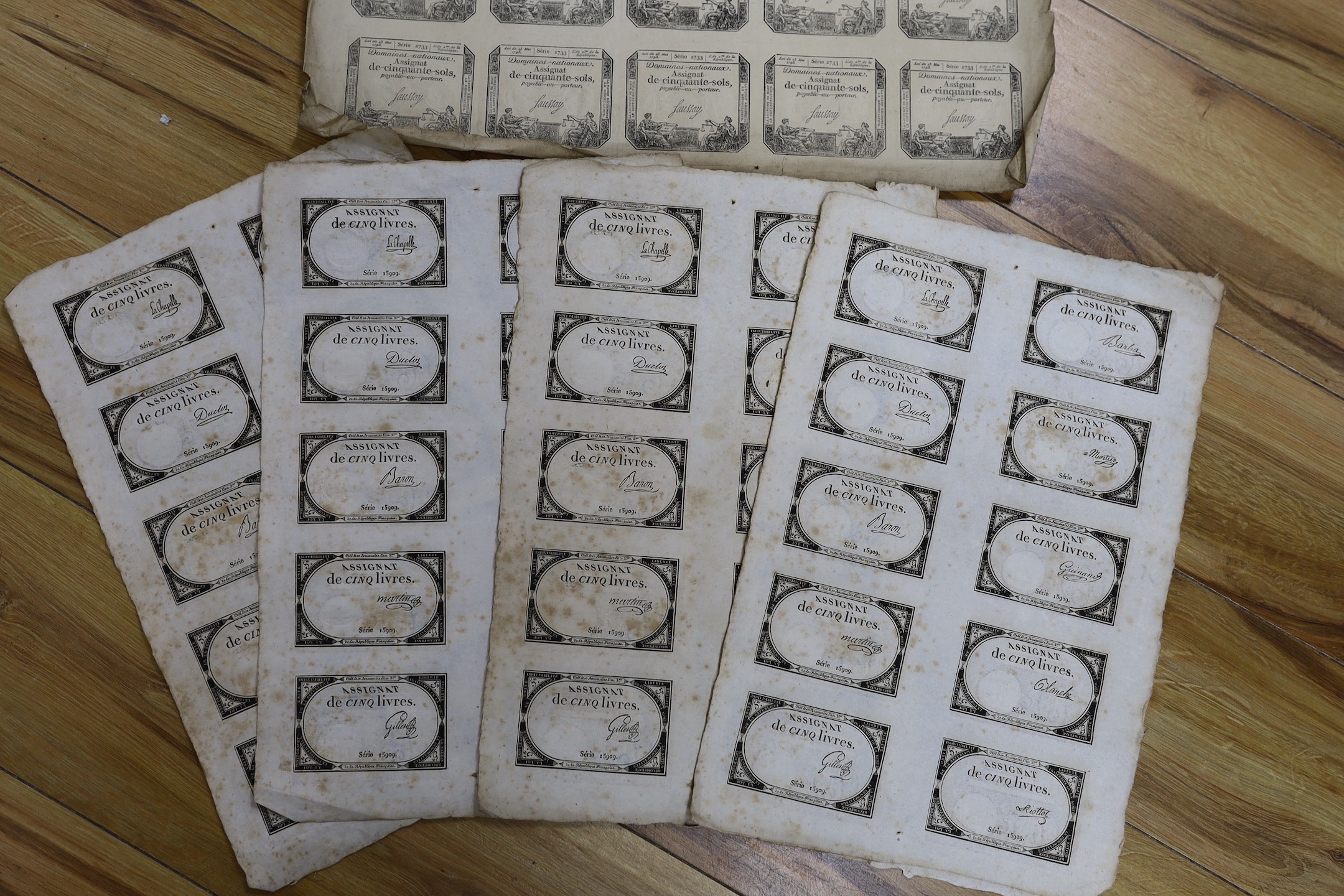 French Revolutionary banknotes, Republic Francaise, four uncut sheets of Assignat 5 livres, Serie 15909, and one sheet of Assignat 50 sols, Mai 1793, Serie 2733